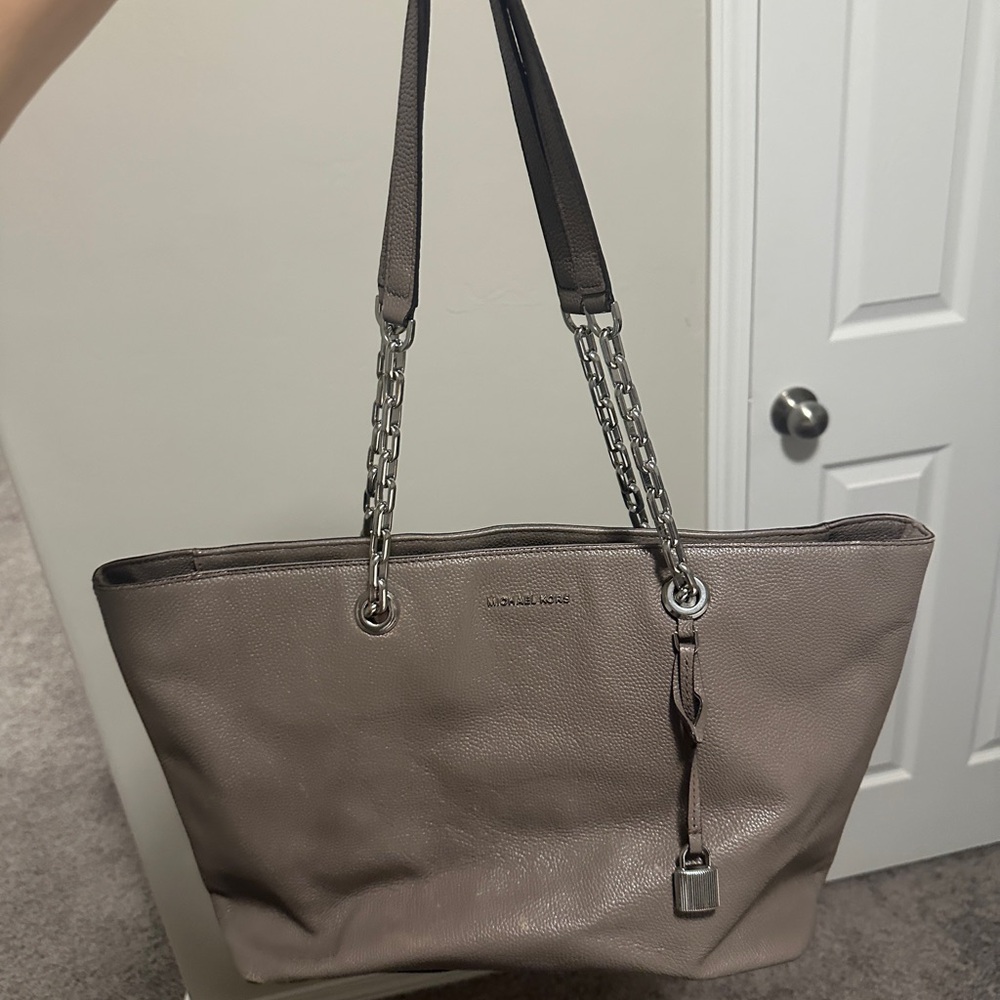Michael Kors Taupe Leather Tote with Chain Straps